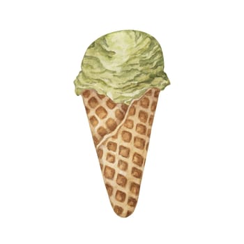 Pistachio, green tea, matcha, mint, avocado or lime ice cream scoop in waffle cone clipart . Dessert realistic watercolor illustration of cold treats for labels, menu, culinary design, summer fair