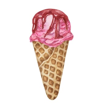 Raspberry, dragon fruit, bubblegum, pomegranate, cherry ice cream scoop with berry sauce topping in waffle cone clipart. Dessert watercolor illustration for labels, menu, culinary design, summer fair