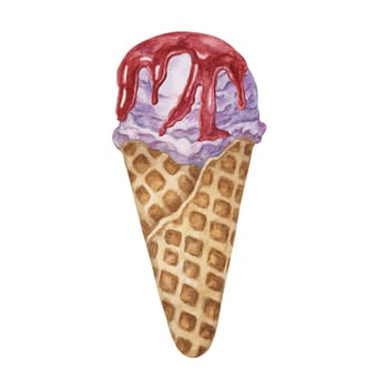 Lavender, ube yam, violet or blueberry ice cream scoop in the waffle cone with berry sauce topping. Refreshing snack clipart . Dessert realistic watercolor illustration of cold treat for labels, menu