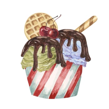 Ice cream sundae in the striped paper cup with chocolate sirup, waffles and maraschino cherries toppings. Dessert watercolor illustration for culinary designs, menu, summer fair. Hand drawn clipart