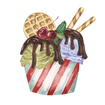 Ice cream sundae in the striped paper cup with chocolate sirup, waffles and maraschino cherries toppings. Dessert watercolor illustration for culinary designs, menu, summer fair. Hand drawn clipart