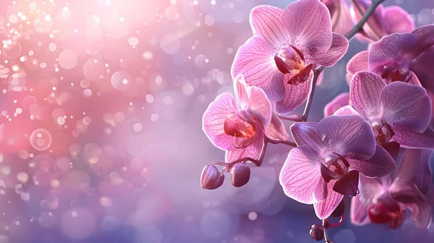 A vibrant display of pink orchids contrasts beautifully against a rich purple background, showcasing the delicate petals of the flowering plant