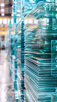 Impressive stacks of high-quality finished glass in the production area of the glass factory