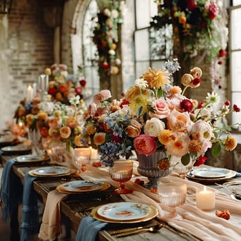 A beautifully arranged table with elegant tableware, drinkware, and serveware, adorned with plates, candles, and flowers in a vase creating a stunning floral arrangement