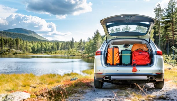 A car with an open trunk is parked by the lake under a cloudy sky. Keywords include water, sky, car, tree, and cloud