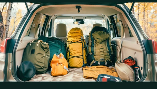 Panoramic shot of the trunk of a car overflowing with comfortably stowed luggage, ready for a long journey or adventure