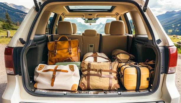 The trunk of a white suv is filled with luggage