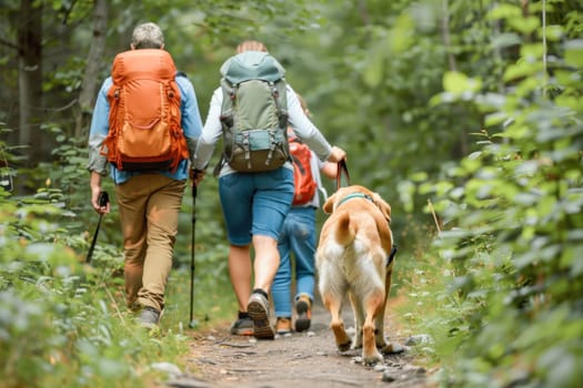 In the forest, individuals walk along a trail with a dog, symbolizing nature, journey, and relaxation