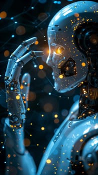 A futuristic robot with glowing eyes interacts with a network of connected devices, representing the power of AI and IoT.