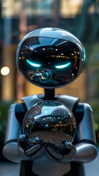 A futuristic robot with a sleek, silver design holds a reflective sphere in its hands.