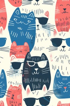 A colorful and playful pattern featuring cats wearing sunglasses.