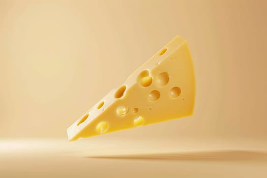 Flying wedge of Swiss cheese with holes on beige background. Dairy product and gourmet food concept. Design for culinary arts, cheese advertisements, and food posters. Ai generation. High quality