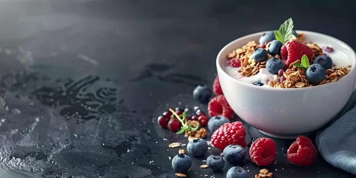 Bowl of yogurt with granola, blueberries, raspberries, and mint on dark textured background. Fresh and healthy breakfast food with copy space. For design and print. Ai generation. High quality