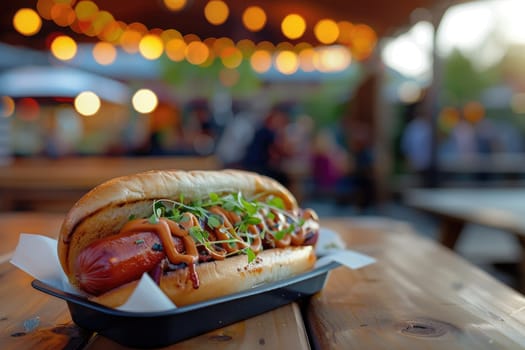 Close up of gourmet hot dog with toppings on wooden table at outdoor food festival. Bokeh lights in the background. Photography for design and print. Ai generation. High quality photo