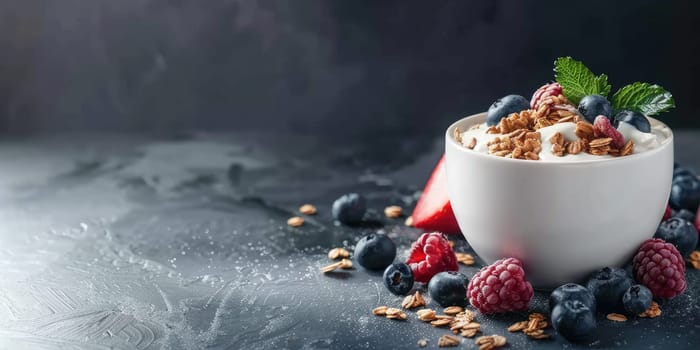 Bowl of yogurt with granola, blueberries, raspberries, and mint on dark textured background. Fresh and healthy breakfast food with copy space. For design and print. Ai generation. High quality