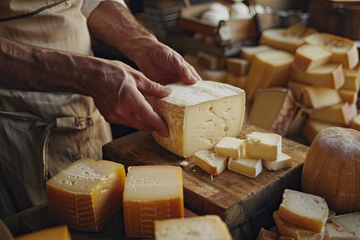 Artisan cheese being cut and prepared in rustic cheese shop. Close up of hands slicing blocks of cheese on wooden board. Traditional cheesemaking process. Ai generation. . High quality