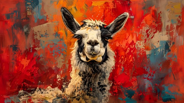 A colorful painting of a llama against a vibrant sky background. The fawn terrestrial animal with a fluffy coat and long snout is depicted as a working animal in the artwork