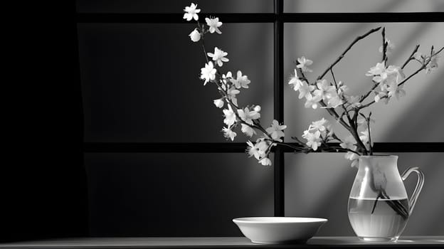 Black and white still life with cherry blossoms in a transparent vase beside a bowl - Generative AI