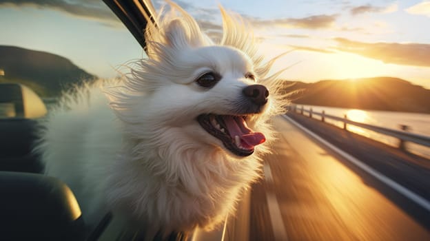 A delighted white dog sticking its head out of a car window, ears flapping in the wind with the sunset reflecting on a serene lake in the background - Generative AI