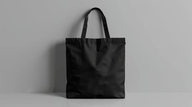 Black tote bag on minimalist gray background, studio shot. Stylish reusable shopping bag concept.