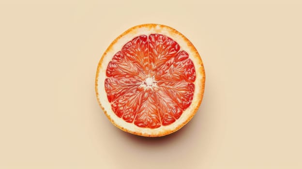 Sliced grapefruit on a beige background, high contrast close-up. Fresh and vibrant citrus fruit concept.