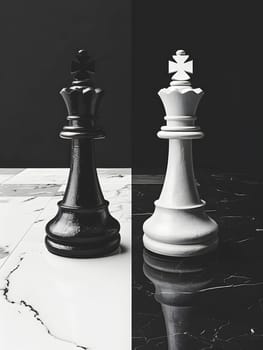 Monochrome still life photograph of two chess pieces on a tabletop. Indoor game of chess captured in black and white, showcasing tints and shades in a recreation of darkness