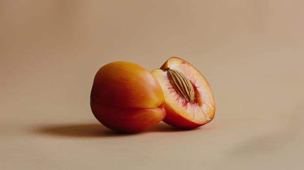 Close-up of a sliced nectarine with pit on neutral background.