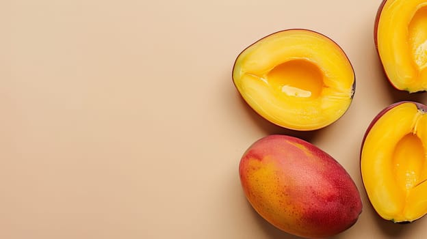 Fresh mango halves and whole mango on beige background, minimalistic composition. Tropical fruit and healthy eating concept.