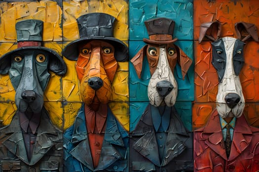 A whimsical painting featuring four dogs dressed in top hats and suits, creating a unique blend of dog art and visual arts in a mural with a playful pattern