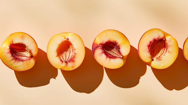 Halved peaches in a row with shadows on beige background, top view. Fresh summer fruit concept.