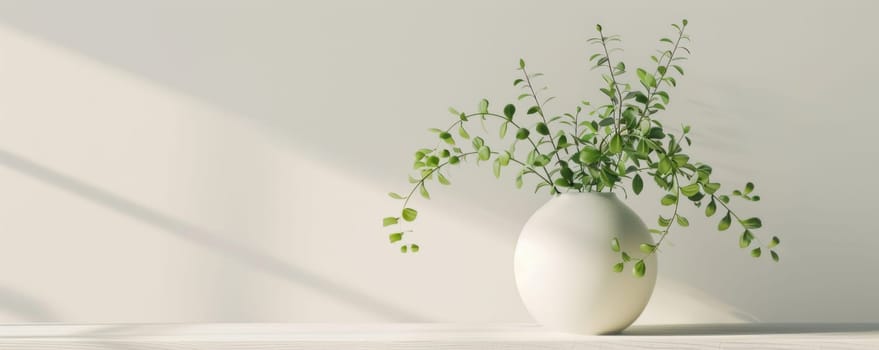 White ceramic vase with green branches on white table, minimalist home decor concept.