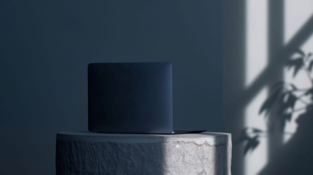 Laptop on a rough stone surface in a dimly lit room with shadows, modern workspace concept.