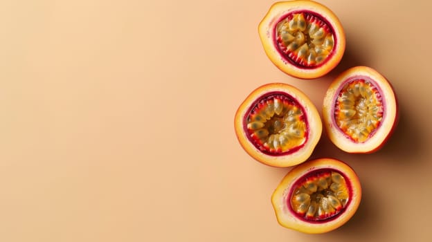 Sliced passion fruit halves on beige background, minimalist style. Tropical fruit concept.