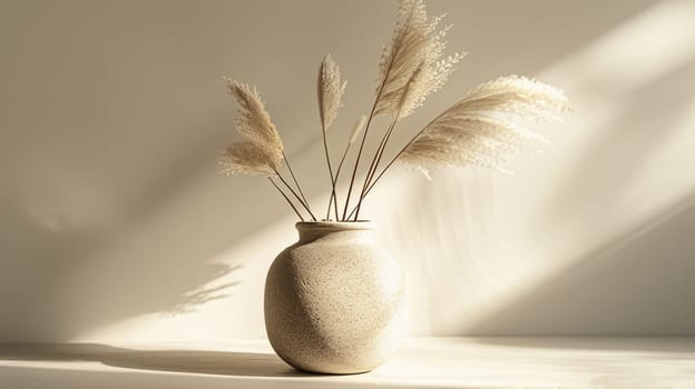 Decorative ceramic vase with pampas grass in sunlight, minimalist interior decor concept.