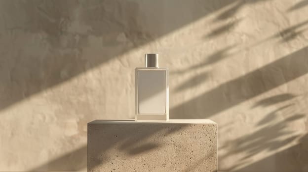Minimalist perfume bottle on a concrete pedestal with natural shadows.