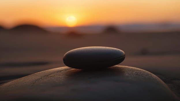 Smooth stone on the beach at sunset, close-up view. Tranquility and nature concept.