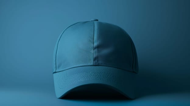 Blue baseball cap on monochromatic background, product photography.