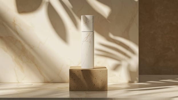 Minimalist skincare product display with shadows on marble background, modern beauty concept.