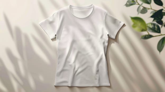 White t-shirt on a neutral background with shadows and plants, minimalist fashion concept.
