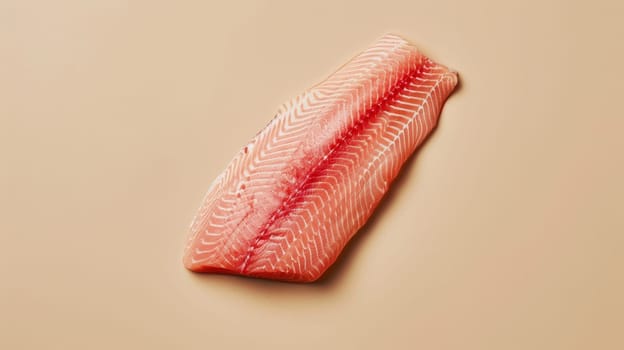 Raw salmon fillet on beige background, top view. Fresh seafood concept.