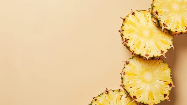 Slices of fresh pineapple on beige background, top view. tropical fruit concept.