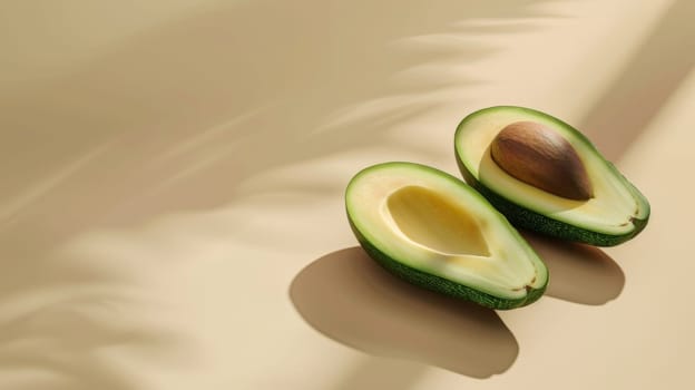 Halved avocado with shadow play on beige background, healthy eating and organic food concept.