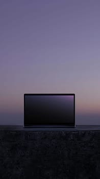 Laptop with black screen on textured table against twilight sky, minimalistic sunset scene with technology concept.