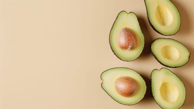 Halved ripe avocados on beige background, minimalistic food photography. Healthy eating and vegan diet concept.