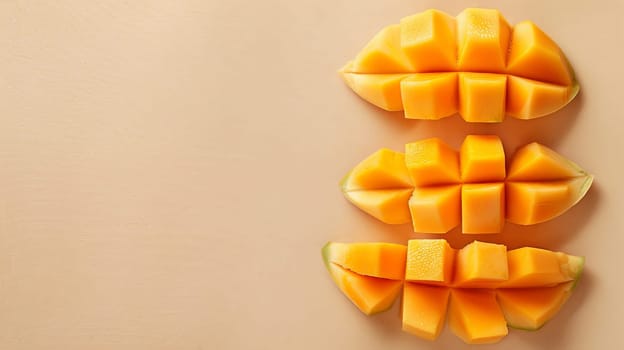 Sliced mango cubes lined in a row on beige background, tropical fruit concept.