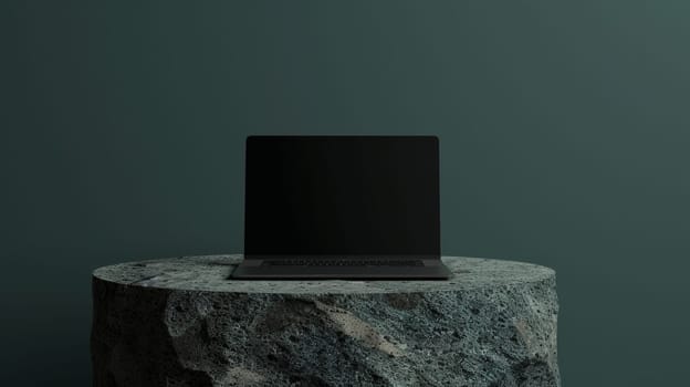 Black laptop on a rocky surface against a dark green background. Modern technology concept.