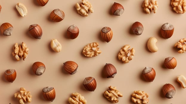 Pattern of mixed nuts including hazelnuts, walnuts, and cashews on a beige background. Healthy snack and texture concept.