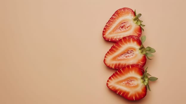 Three halved strawberries on a peach background, close-up view. Fresh fruit and nutrition concept.