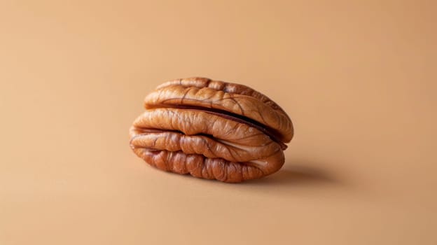 Close-up of a pecan nut on a beige background.