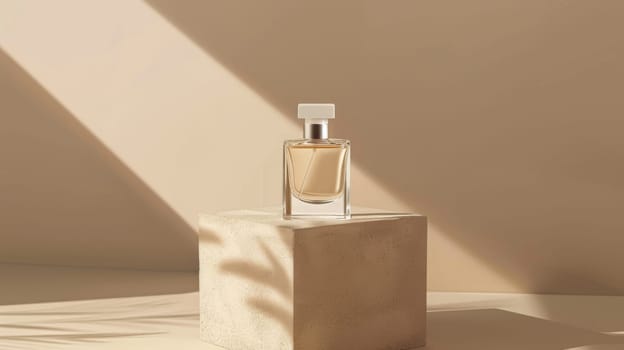 Perfume bottle on beige block with shadows, minimalist design. Beauty and fashion concept.